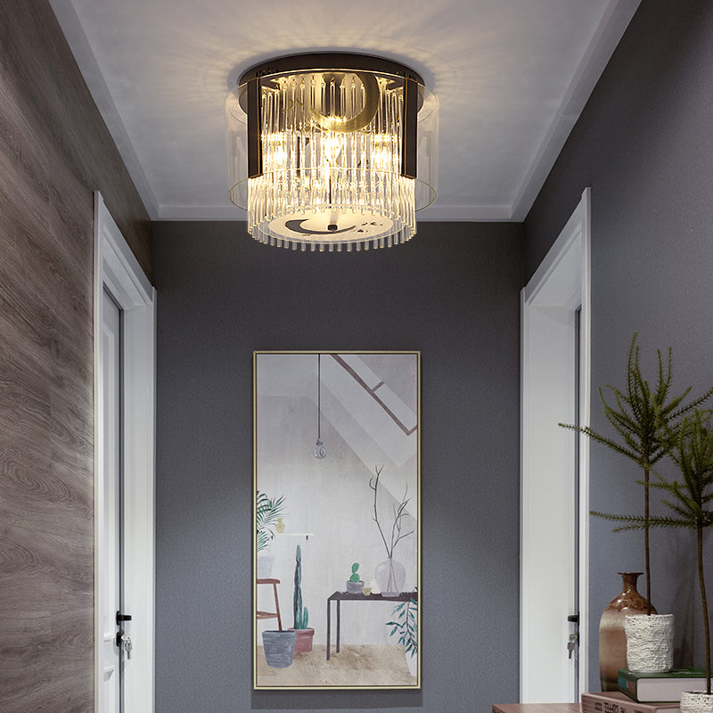 Chinese Style Double Tier Flush Lamp Clear Glass 4/5/6-Light Dining Room Ceiling Mounted Light, 16"/19.5"/23.5" Wide