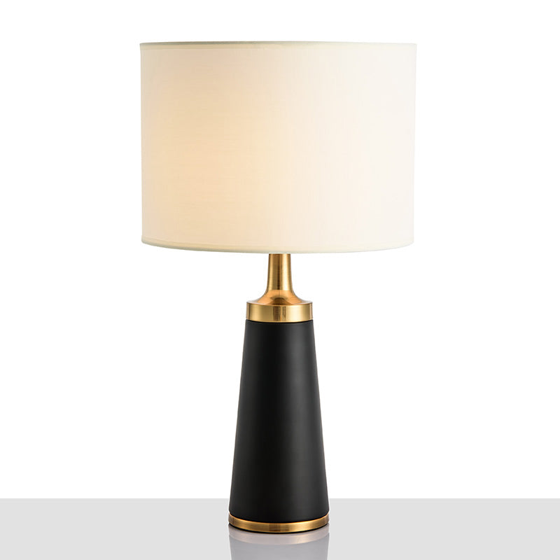 Drum Bedside Nightstand Lamp Fabric 1-Light Simplicity Table Light with Cone Metallic Base in White
