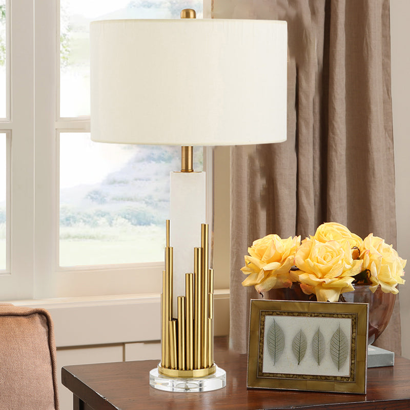 Fabric Drum Shade Table Lamp Simple Style 1 Bulb White Nightstand Light for Living Room