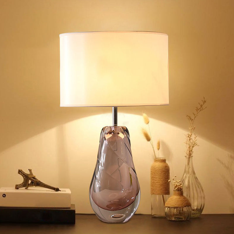 Pear Living Room Table Light Handblown Glass 1 Head Post-Modern Nightstand Lamp with Drum Fabric Shade in White