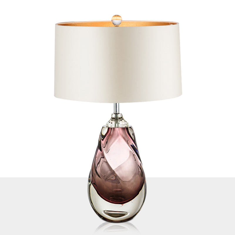 Pear Wohnzimmertisch Leichtes Handgeblasenes Glas 1 Kopf postmoderner Nachttischlampe mit Trommelstoffschatten in Weiß