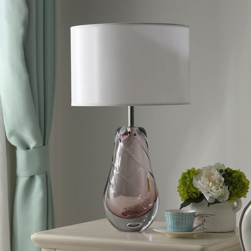 Pear Living Room Table Light Handblown Glass 1 Head Post-Modern Nightstand Lamp with Drum Fabric Shade in White