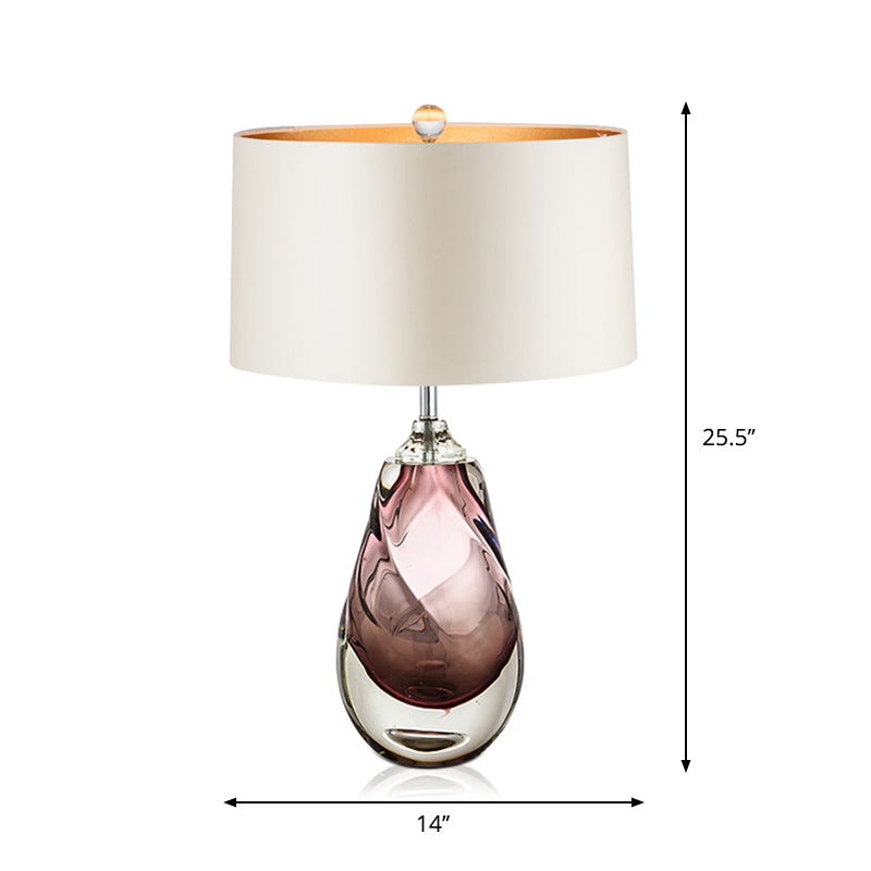 Pear Wohnzimmertisch Leichtes Handgeblasenes Glas 1 Kopf postmoderner Nachttischlampe mit Trommelstoffschatten in Weiß