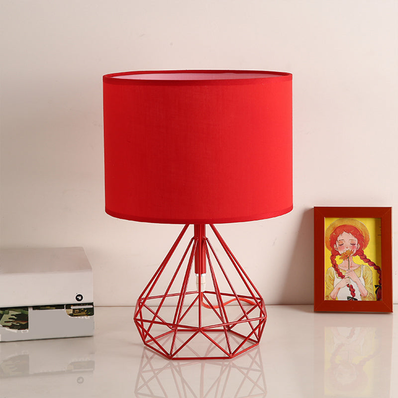 Diamond Cage Base Bedside Table Lamp Metallic 1 Head Minimalist Nightstand Lamp with Drum Fabric Shade