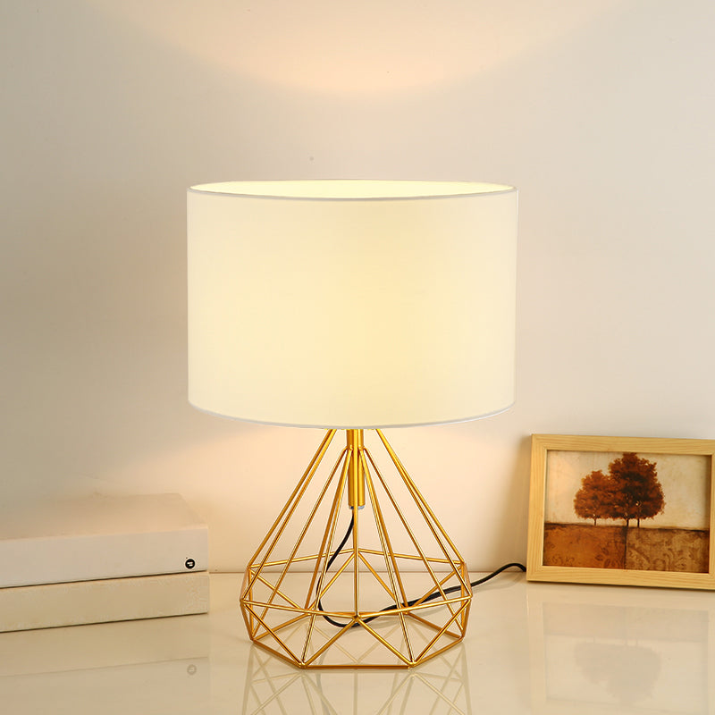 Diamond Cage Base Bedside Table Lamp Metallic 1 Head Minimalist Nightstand Lamp with Drum Fabric Shade