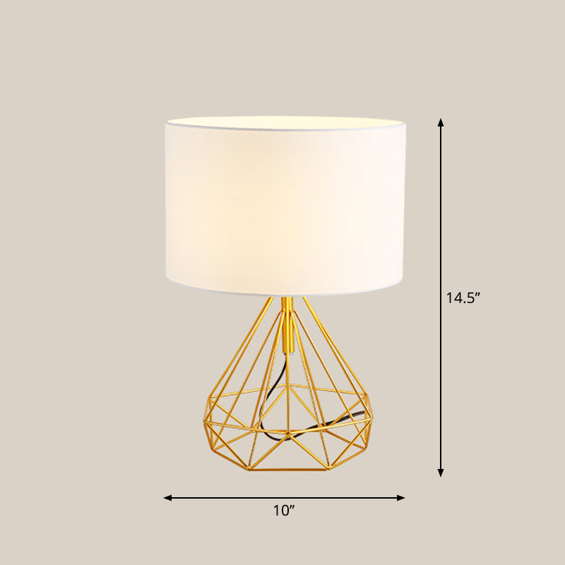 Diamond Cage Base Bedside Table Lamp Metallic 1��Head Minimalist Nightstand Lamp with Drum Fabric Shade