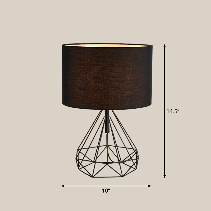 Diamond Cage Base Bedside Table Lamp Metallic 1 Head Minimalist Nightstand Lamp with Drum Fabric Shade