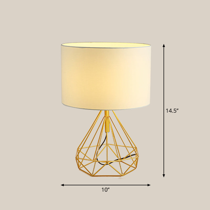 Diamond Cage Base Bedside Table Lamp Metallic 1 Head Minimalist Nightstand Lamp with Drum Fabric Shade