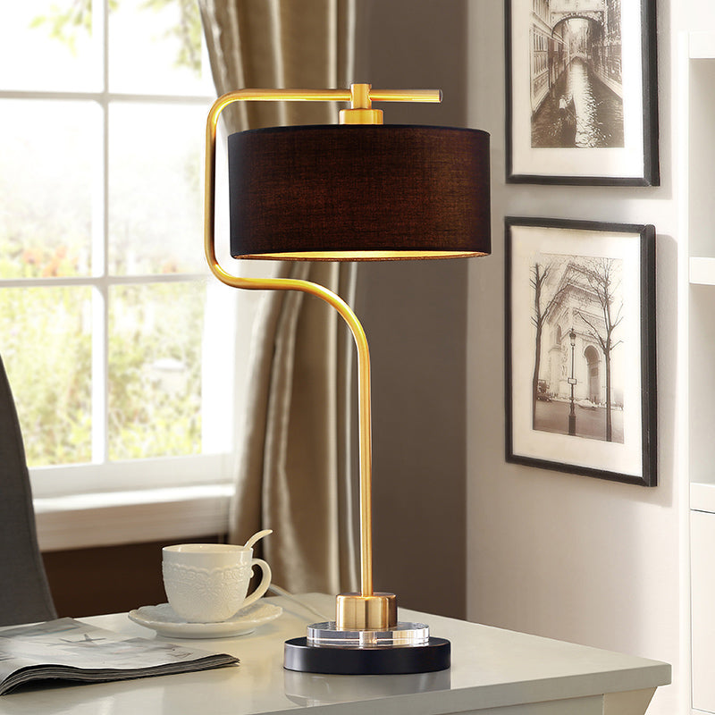 Drum Shade Fabric Table Light Vintage Single-Bulb Living Room Nightstand Lamp in Black