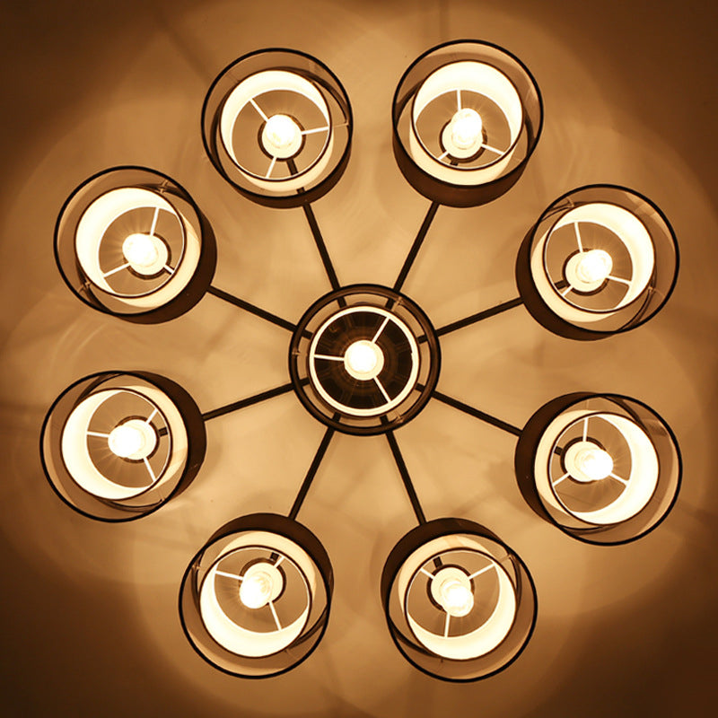 Hedendaagse cilindrische semi -flush mount stof woonkamer dicht bij plafond kroonluchter in zwart