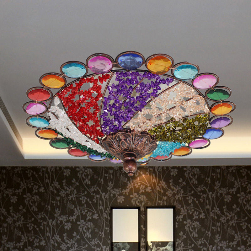 12"/16" Wide Colonial Flared Ceiling Lamp Multi Colored Plexiglass 3-Light Weathered Copper Flushmount