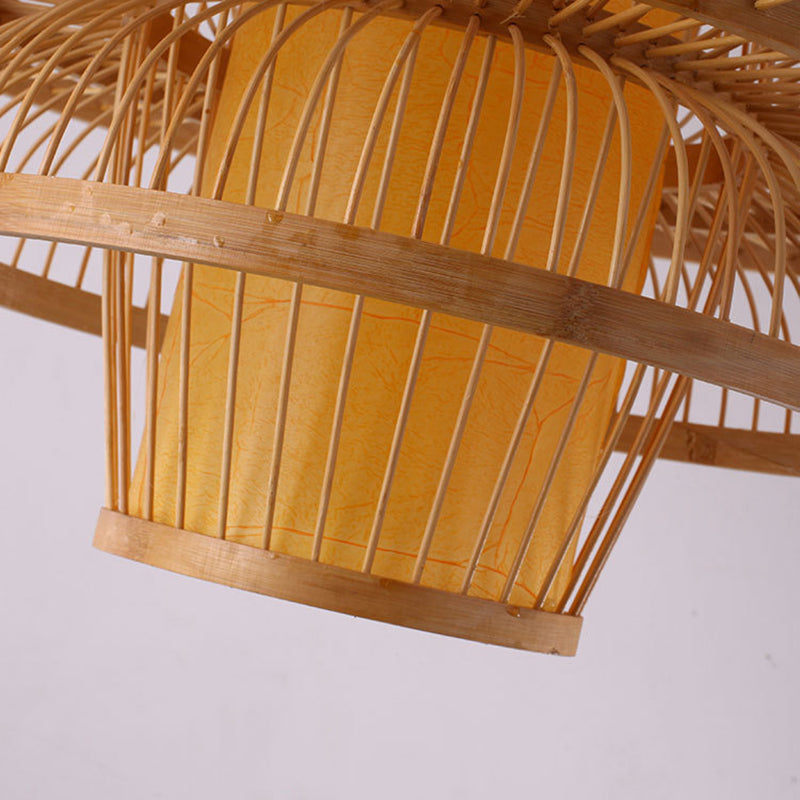 Lotus-Shaped Pendant Light Contemporary Bamboo Single-Bulb Wood Suspension Light Fixture