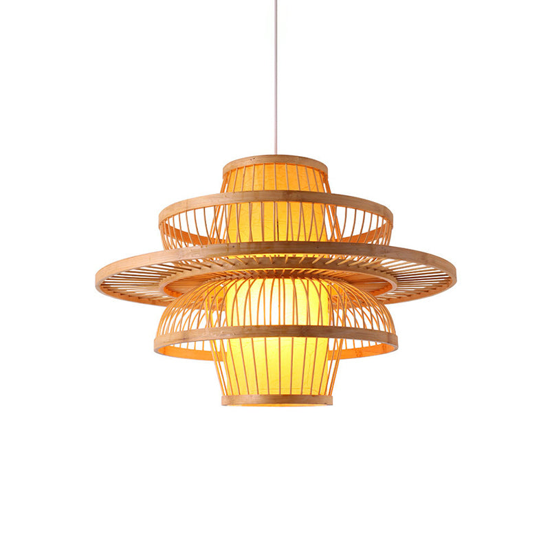 Lotus-Shaped Pendant Light Contemporary Bamboo Single-Bulb Wood Suspension Light Fixture