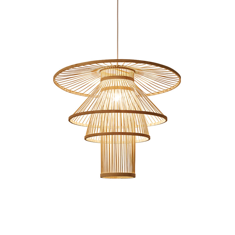 Wood Layered Suspension Light Simplicity 1 Bulb Bamboo Pendant Lighting for Tea Room