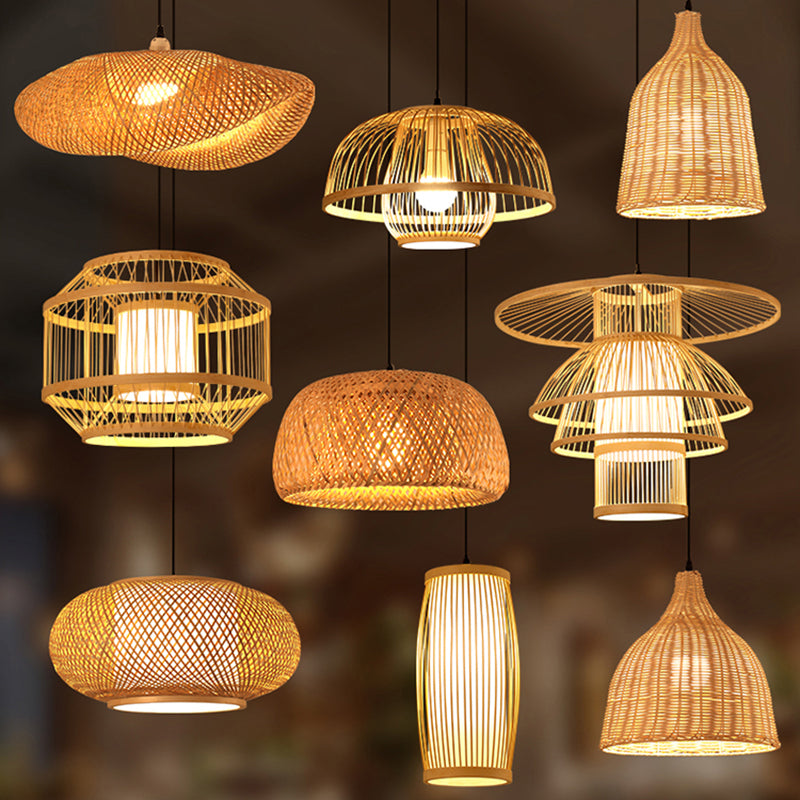Asian Style Handmade Ceiling Light Bamboo 1 Bulb Restaurant Hanging Light Fixture in Wood