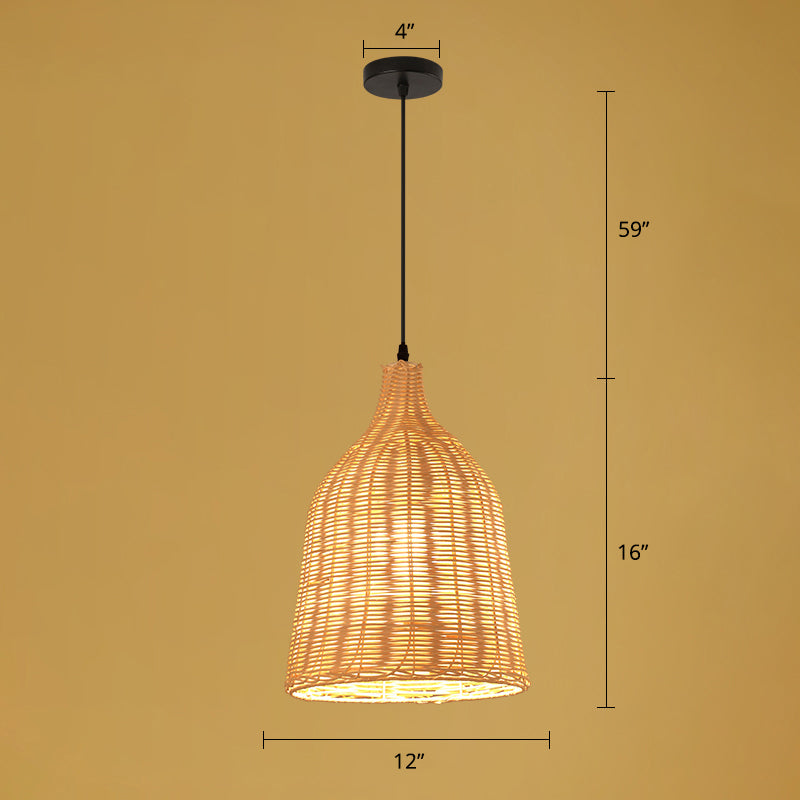 Asian Style Handmade Ceiling Light Bamboo 1 Bulb Restaurant Hanging Light Fixture in Wood