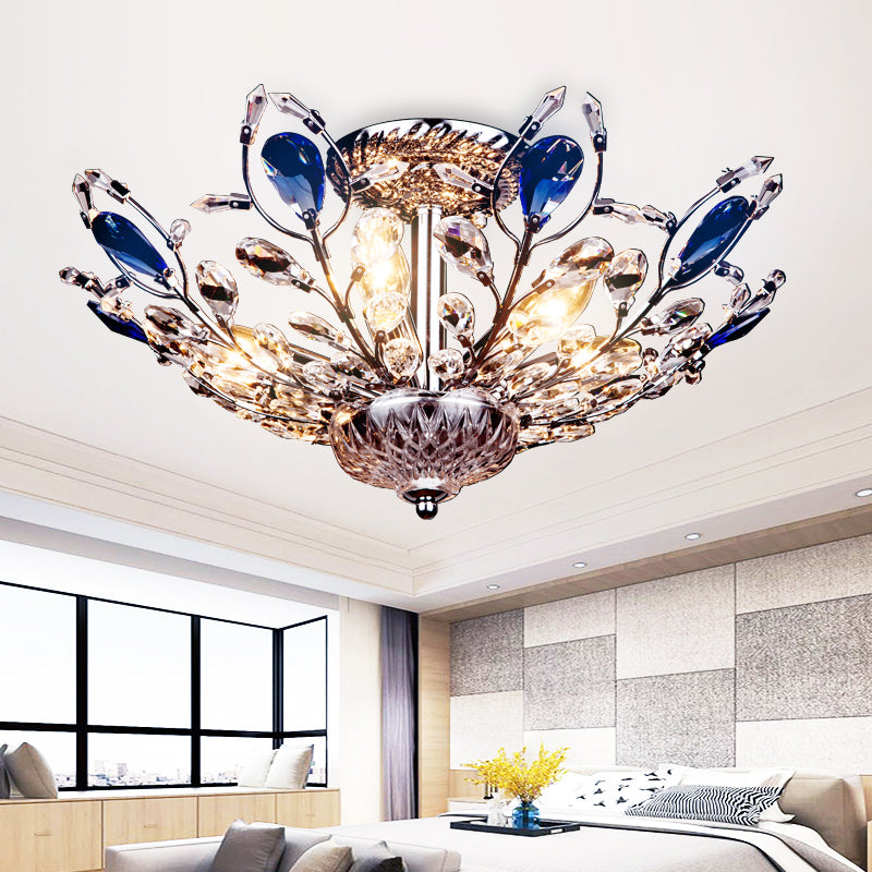 Metallic Peacock Tail Semi Flush Ceiling Light Modern 6 Lights Gold/Chrome Ceiling Mounted Fixture with Crystal Drops