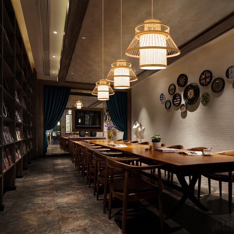 Tiered Suspension Lighting Minimalist Bamboo 1 Head Restaurant Pendant Ceiling Light in Wood