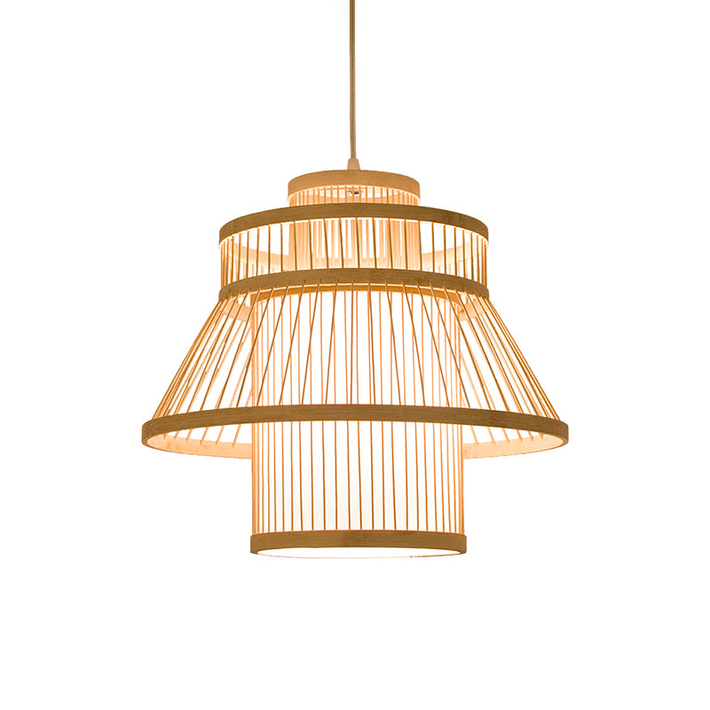 Tiered Suspension Lighting Minimalist Bamboo 1 Head Restaurant Pendant Ceiling Light in Wood