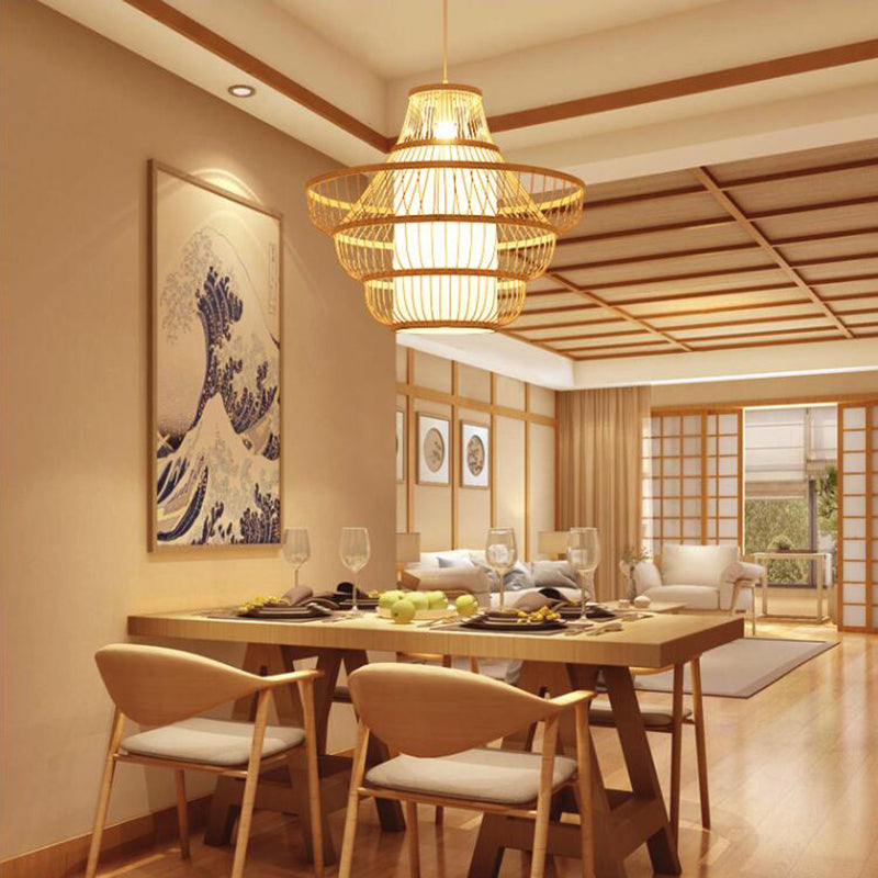 Lantern Shaded Restaurant Ceiling Light Bamboo Single Modern Hanging Pendant Light in Wood