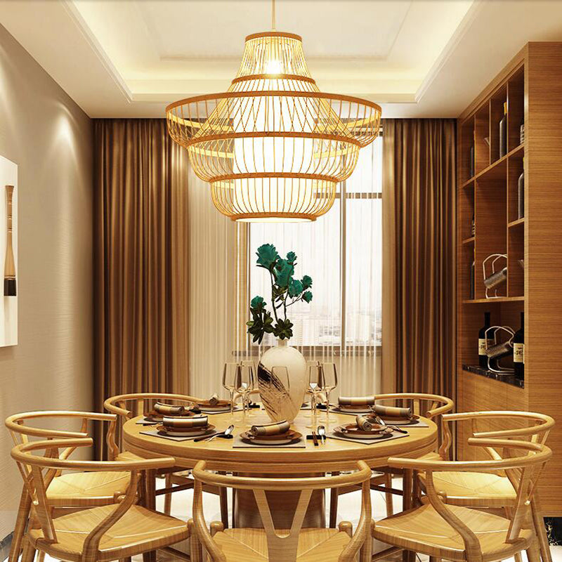 Lantern Shaded Restaurant Ceiling Light Bamboo Single Modern Hanging Pendant Light in Wood
