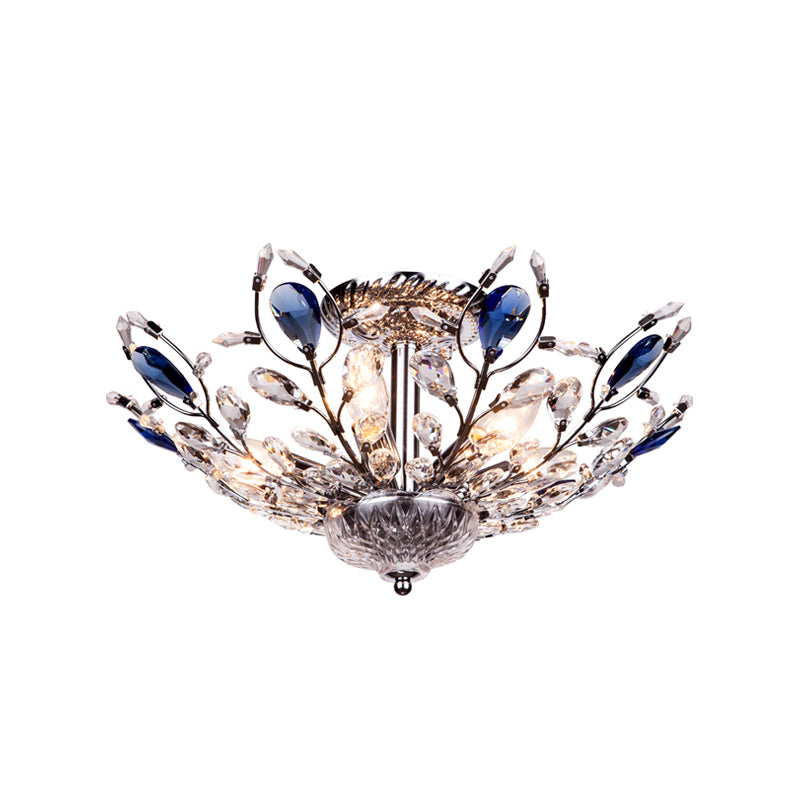 Metallic Peacock Tail Semi Flush Ceiling Light Modern 6 Lights Gold/Chrome Ceiling Mounted Fixture with Crystal Drops