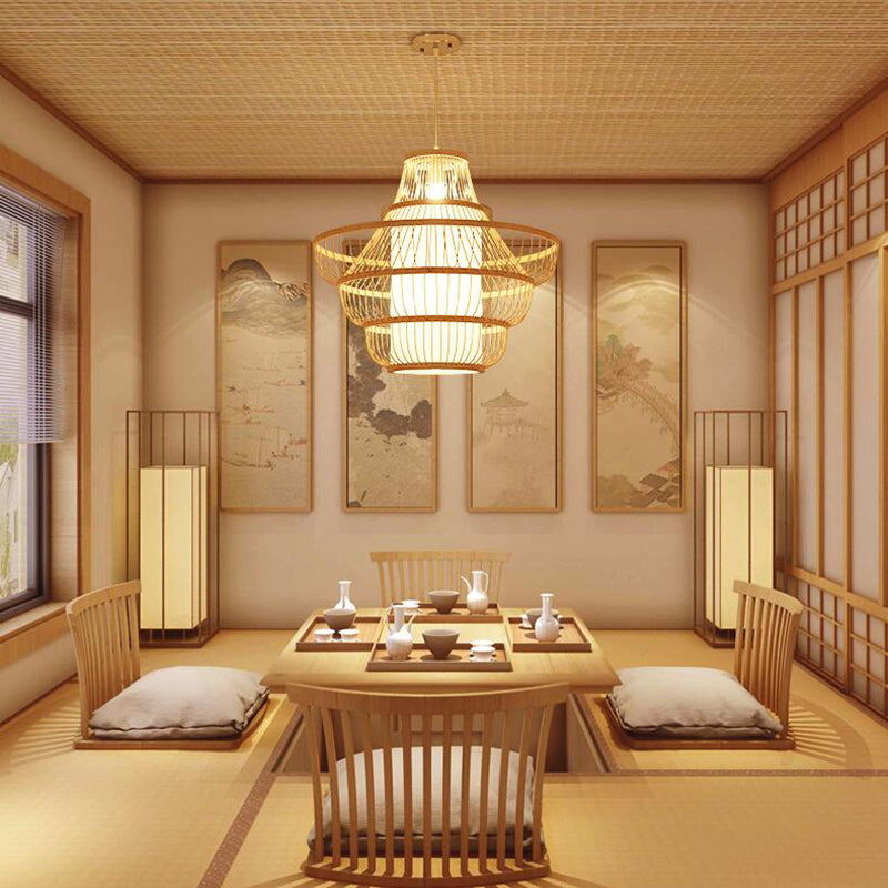 Lantern Shaded Restaurant Ceiling Light Bamboo Single Modern Hanging Pendant Light in Wood