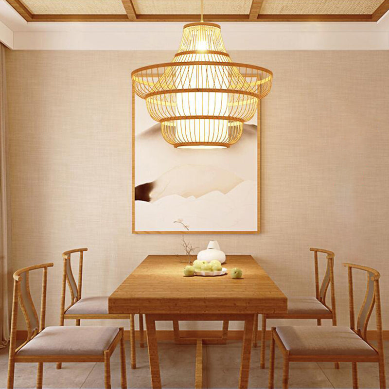Lantern Shaded Restaurant Ceiling Light Bamboo Single Modern Hanging Pendant Light in Wood