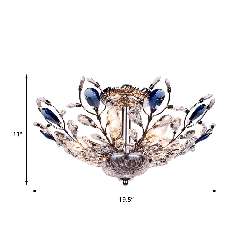 Metallic Peacock Tail Semi Flush Ceiling Light Modern 6 Lights Gold/Chrome Ceiling Mounted Fixture with Crystal Drops