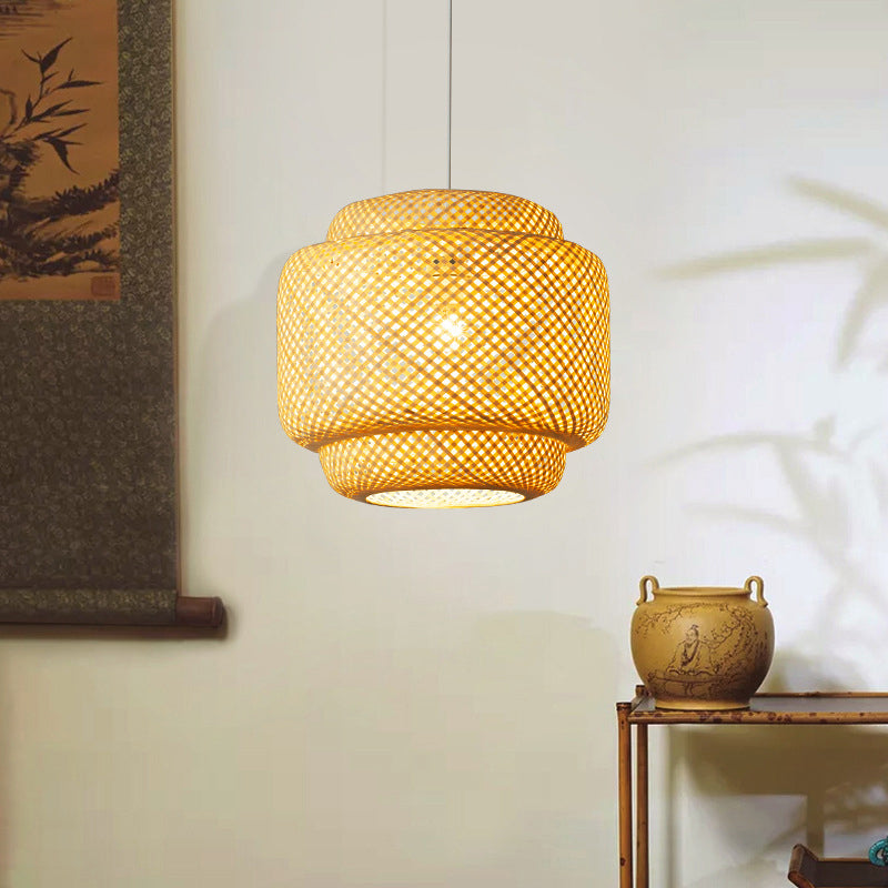 Modern Lantern Ceiling Light Bamboo Single Restaurant Hanging Pendant Light in Wood