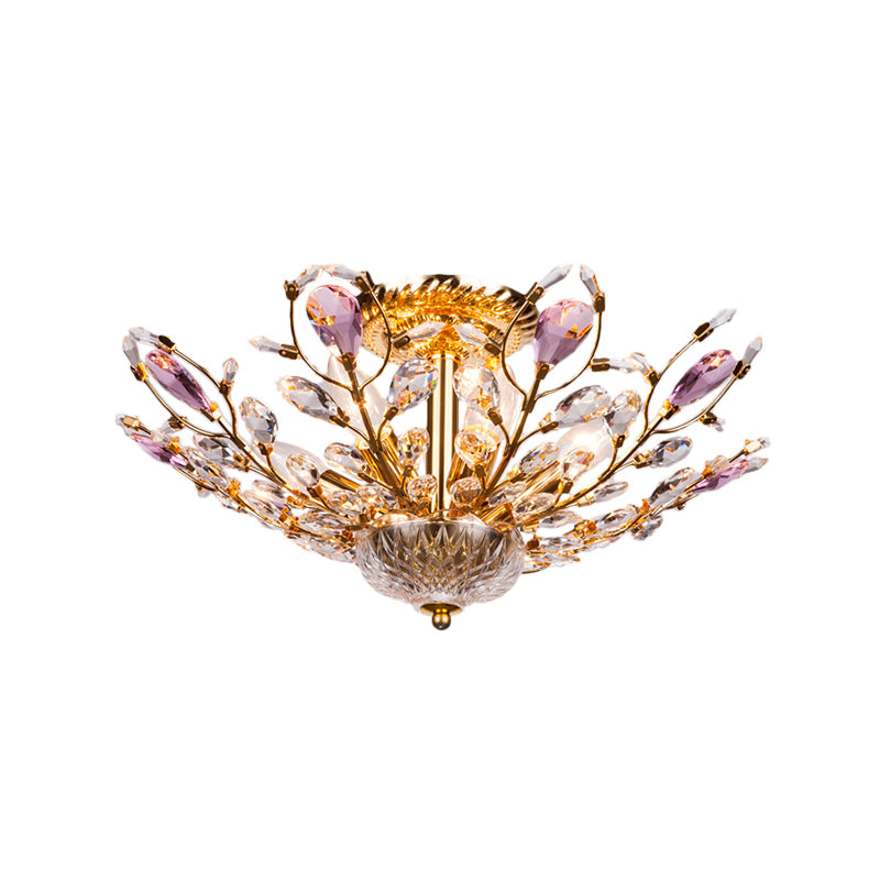 Metallic Peacock Tail Semi Flush Ceiling Light Modern 6 Lights Gold/Chrome Ceiling Mounted Fixture with Crystal Drops