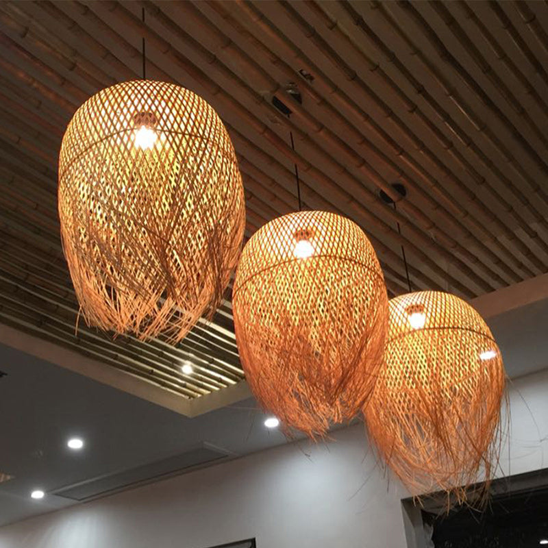 Bamboo Fringed Bell Ceiling Light Asian Style 1 Bulb Wood Hanging Lighting Fixture