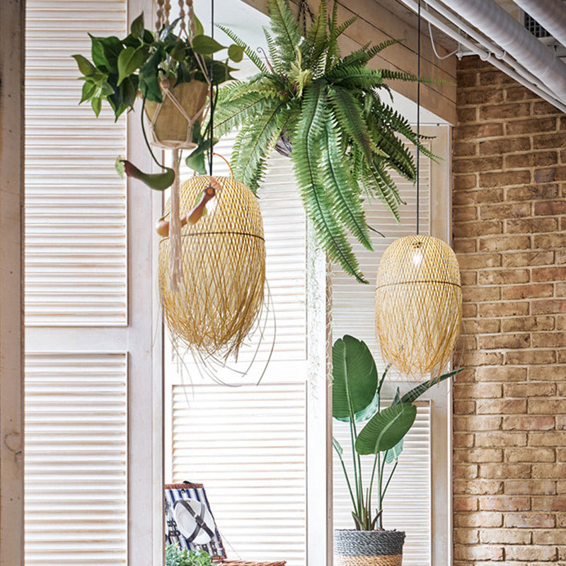 Bamboo Fringed Bell Ceiling Light Asian Style 1 Bulb Wood Hanging Lighting Fixture