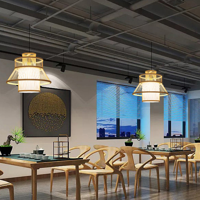 Minimalistische handgefertigte Suspensionsbeleuchtung Bambus 1 Kopf Tea Room Anhänger Deckenleuchte in Holz