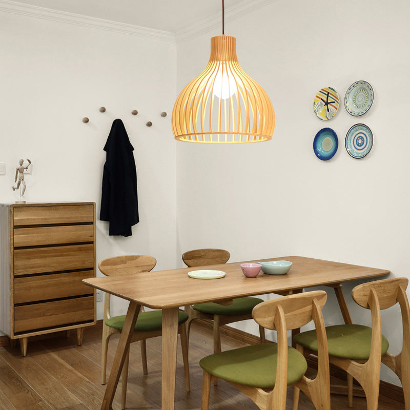 Shaded Dining Room Pendant Light Wood Single-Bulb Contemporary Suspension Light Fixture