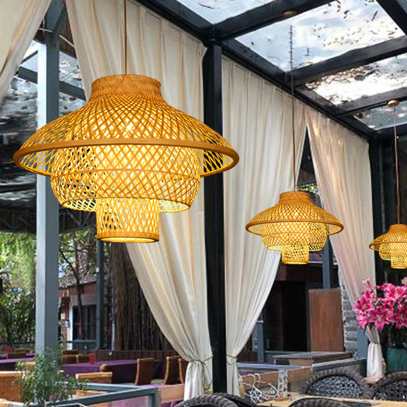 Layered Bamboo Suspension Light Simplicity 1-Light Wood Pendant Light for Restaurant