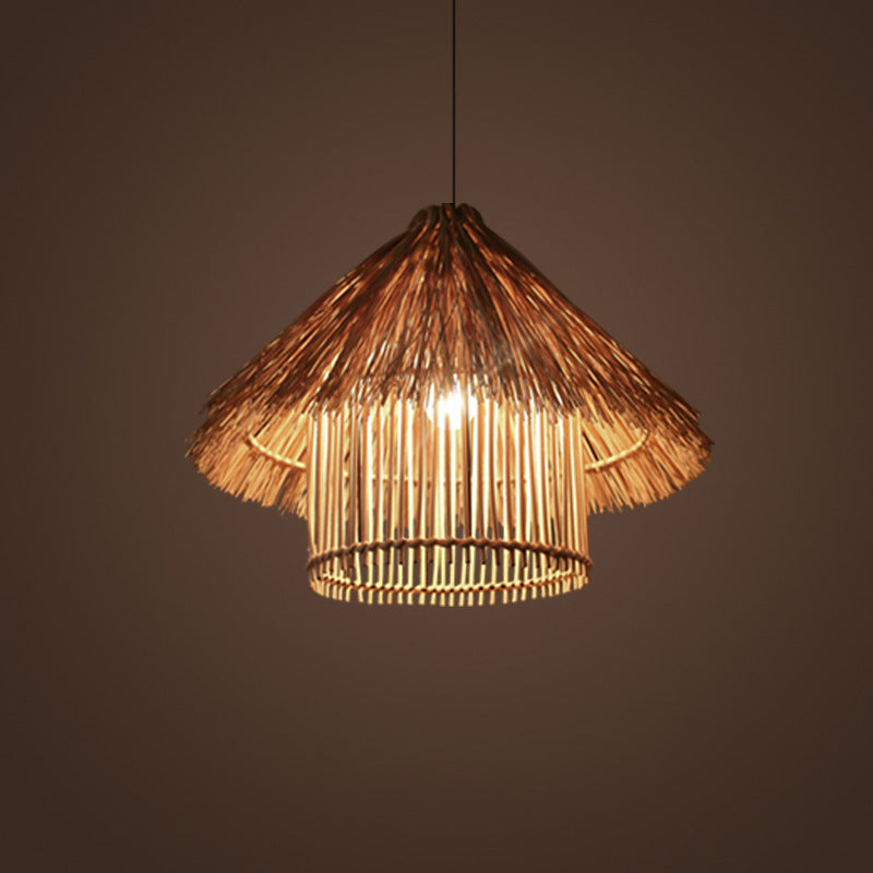 Rattan Shaded Ceiling Light Asian Style 1 Bulb Wood Hanging Lighting Fixture for Restaurant