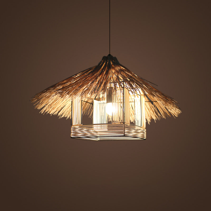 Rattan Shaded Ceiling Light Asian Style 1 Bulb Wood Hanging Lighting Fixture for Restaurant
