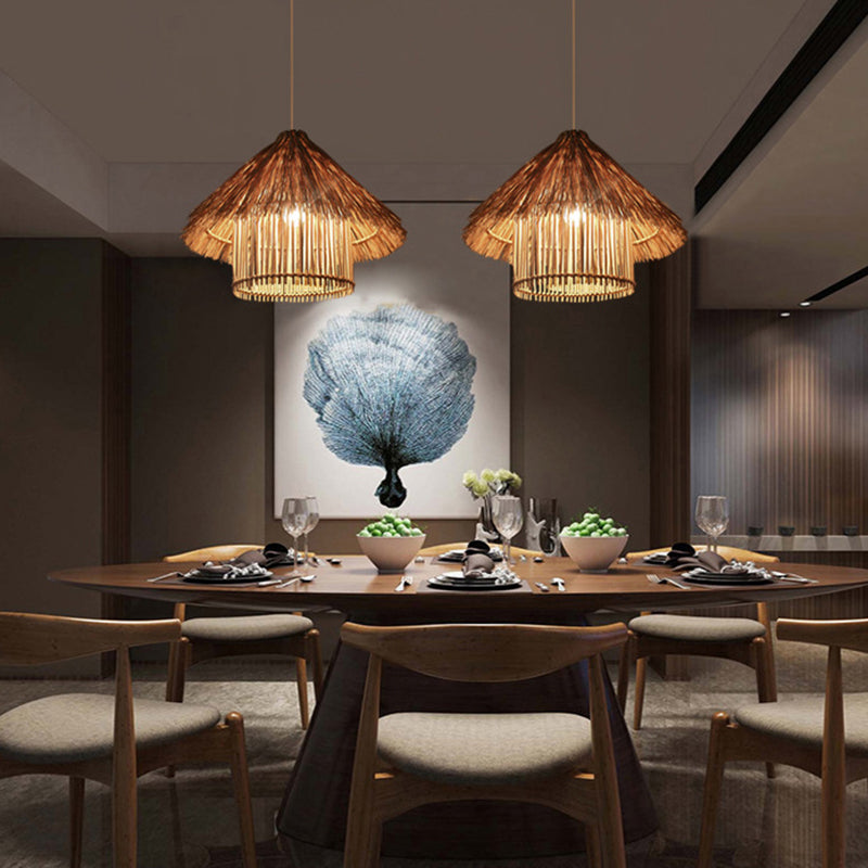 Rattan Shaded Ceiling Light Asian Style 1 Bulb Wood Hanging Lighting Fixture for Restaurant