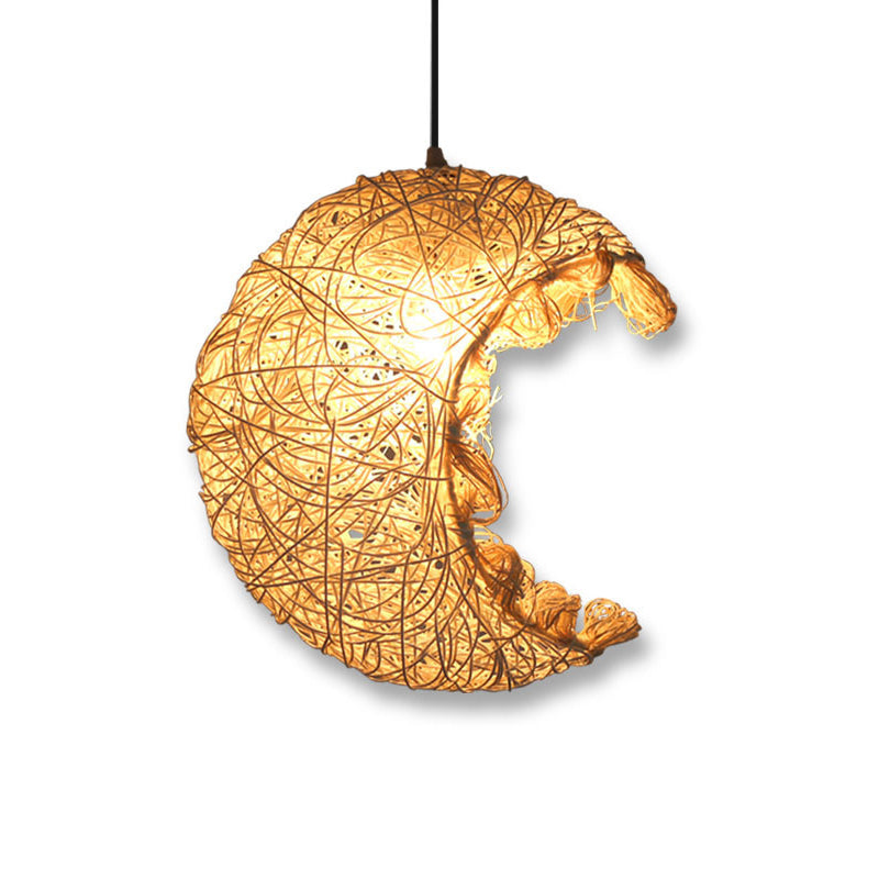 Rattan Shaded Ceiling Light Asian Style 1 Bulb Wood Hanging Lighting Fixture for Restaurant