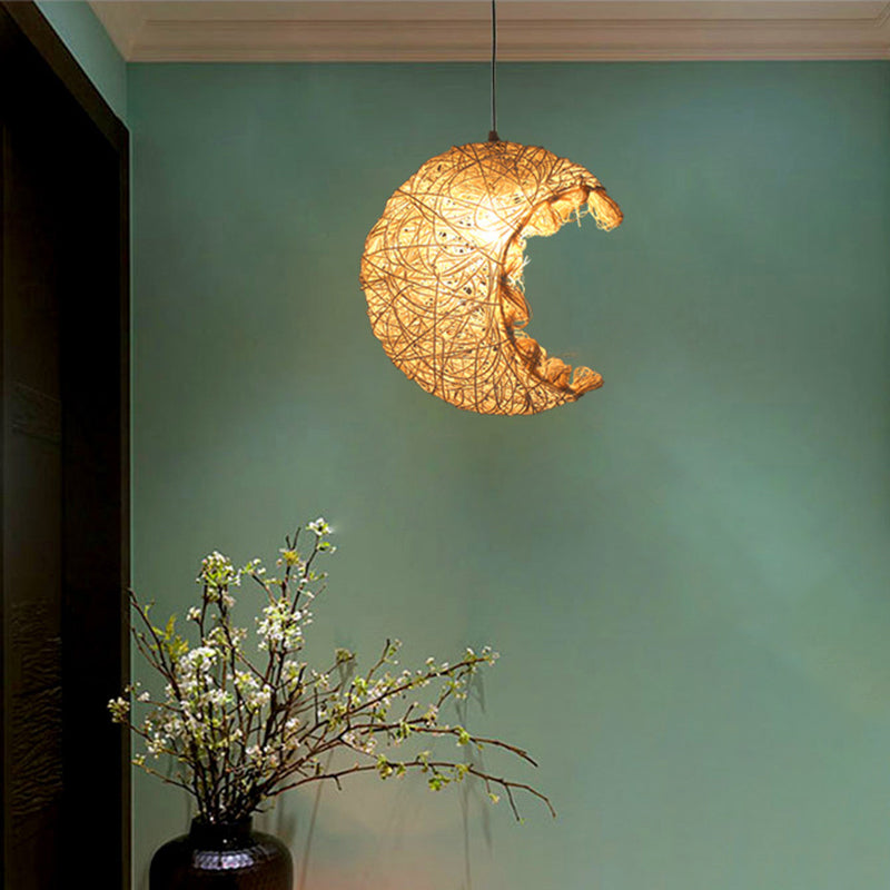 Rattan Shaded Ceiling Light Asian Style 1 Bulb Wood Hanging Lighting Fixture for Restaurant