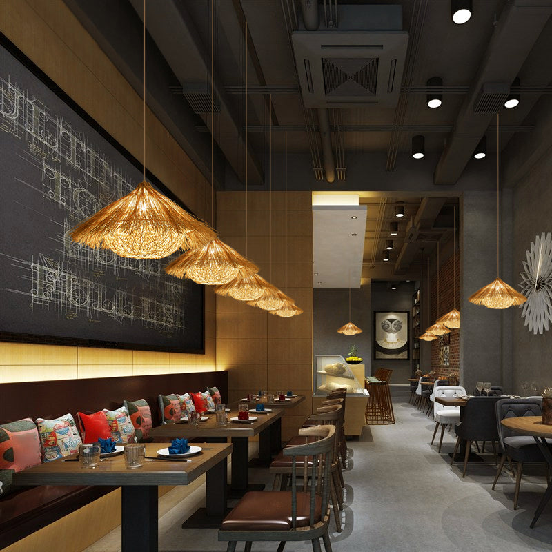 Minimalist Cone Suspension Light Rattan 1 Head Restaurant Pendant Ceiling Light in Wood