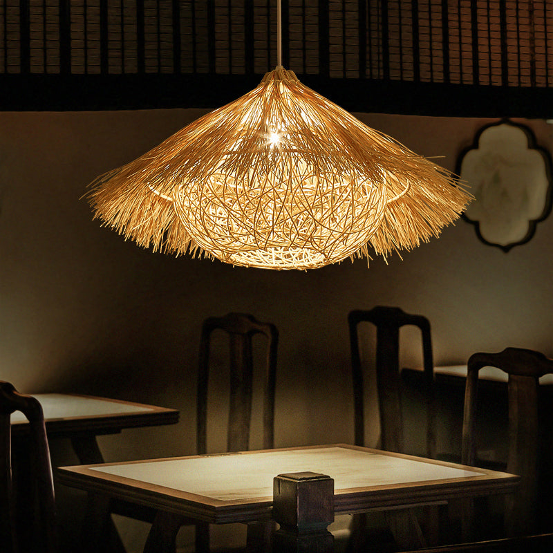 Minimalist Cone Suspension Light Rattan 1 Head Restaurant Pendant Ceiling Light in Wood