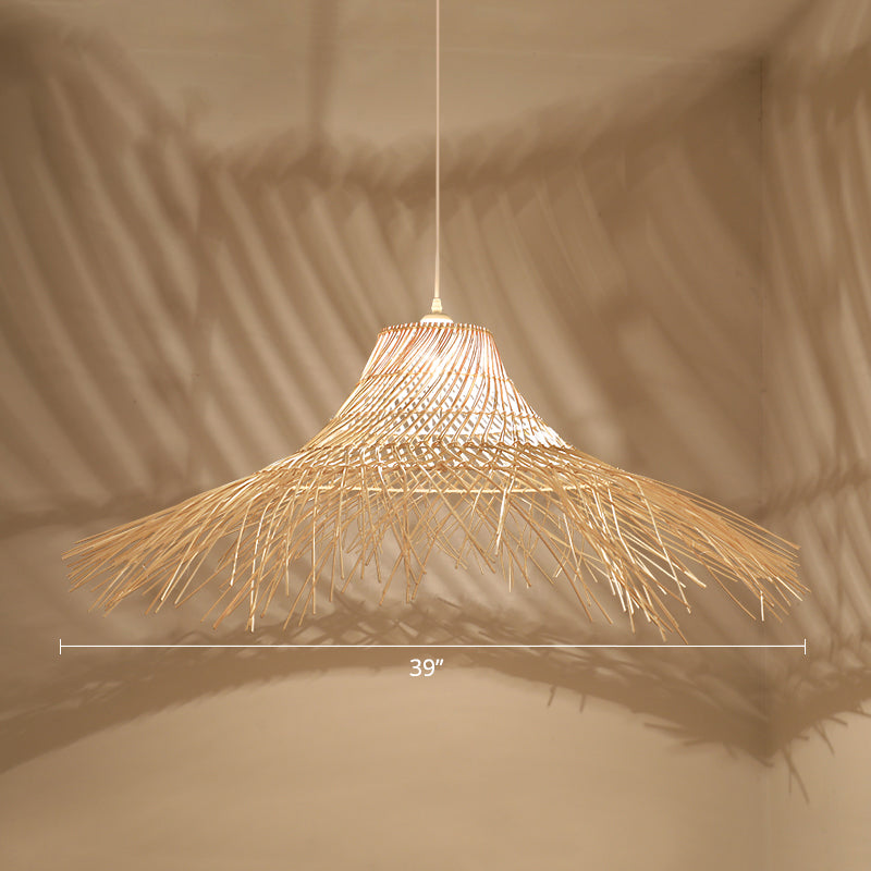 Straw Hat Rattan Ceiling Light Modern Single Wood Hanging Pendant Light for Restaurant