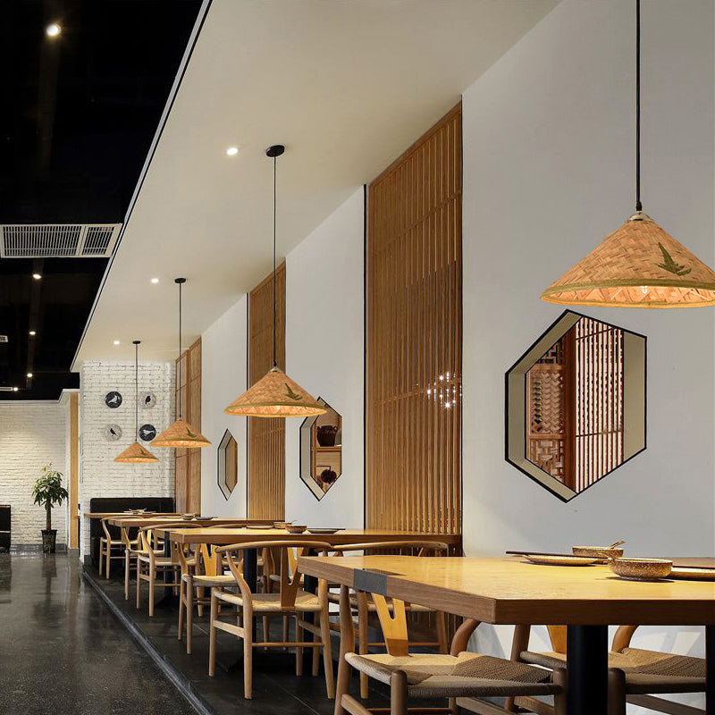 Hat Shape Pendant Light Contemporary Bamboo Single-Bulb Wood Suspension Light Fixture