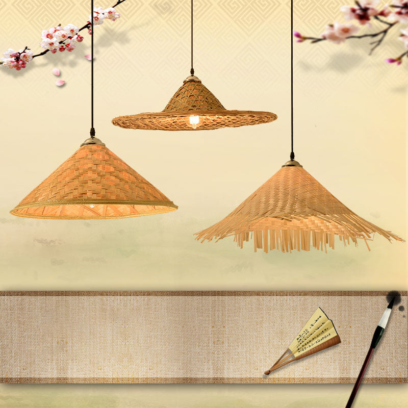 Hat Shape Pendant Light Contemporary Bamboo Single-Bulb Wood Suspension Light Fixture