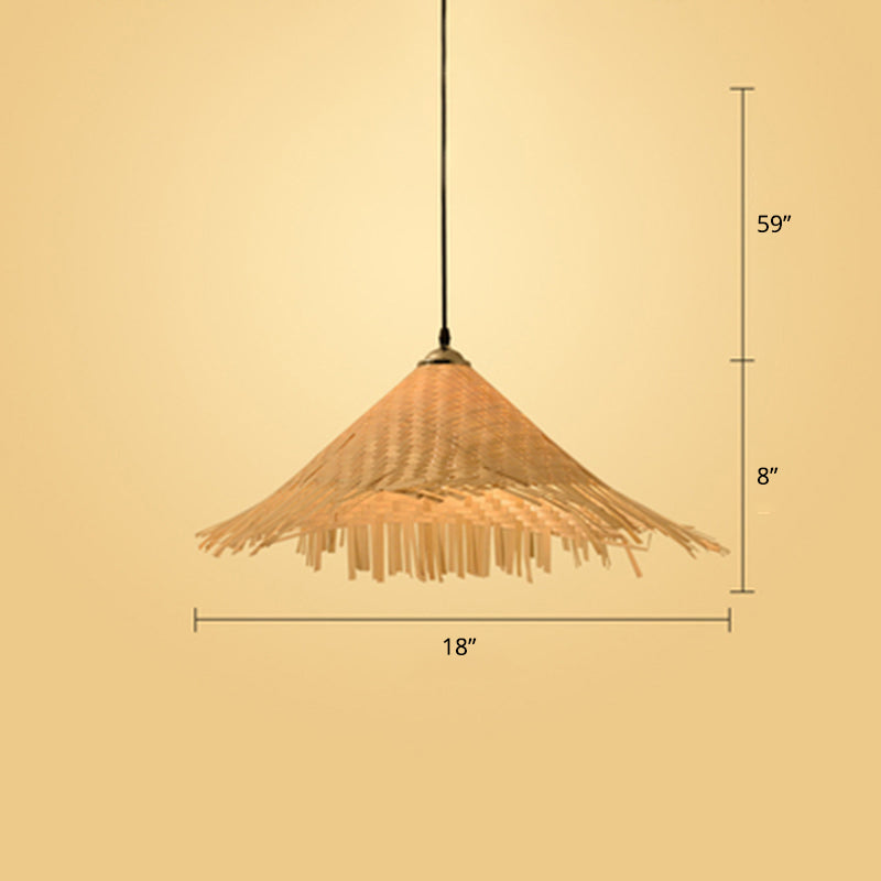 Hat Shape Pendant Light Contemporary Bamboo Single-Bulb Wood Suspension Light Fixture