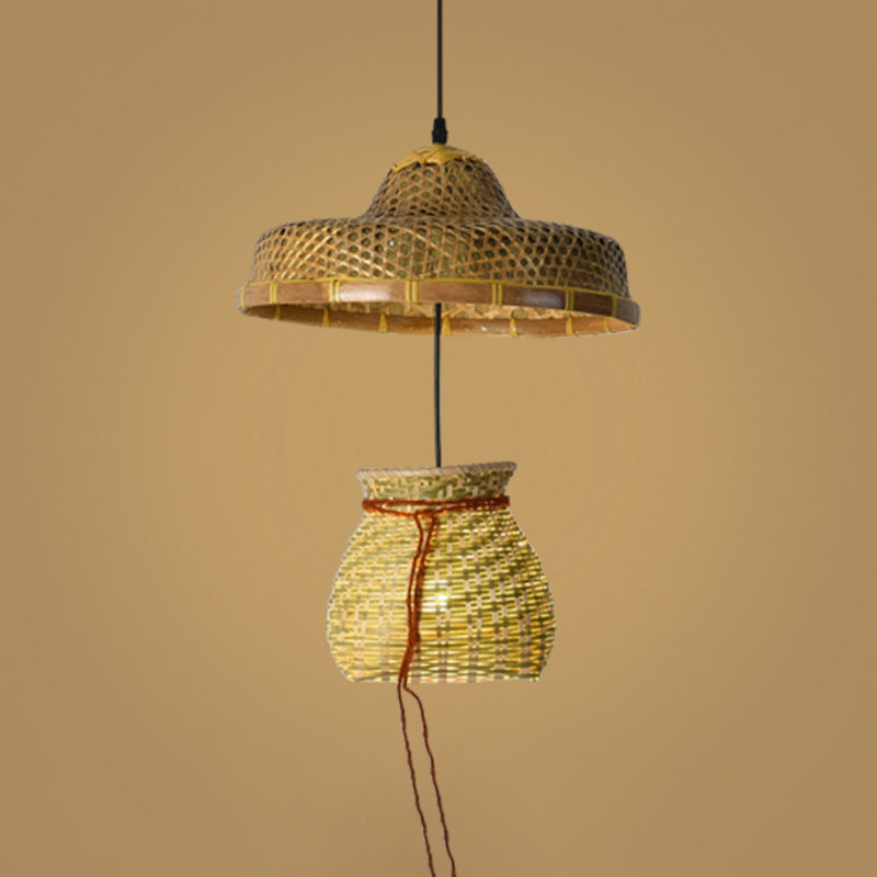 Wood Straw Hat Suspension Light Simplicity 1-Light Bamboo Pendant Lighting Fixture