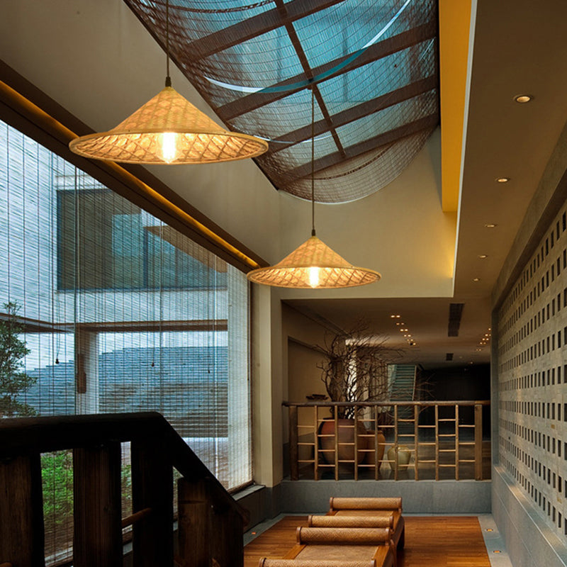 Wood Straw Hat Suspension Light Simplicity 1-Light Bamboo Pendant Lighting Fixture