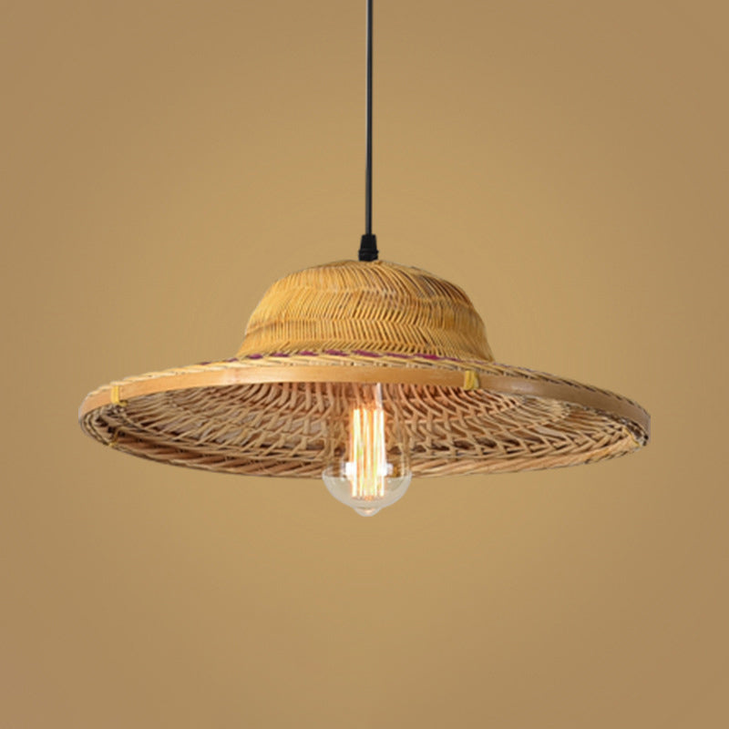 Wood Straw Hat Suspension Light Simplicity 1-Light Bamboo Pendant Lighting Fixture